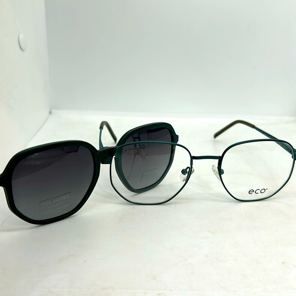 ECO Unisex Caraway MGRN Eyeglasses Frames & Polarized Sun Clip On. RXable.  NWT